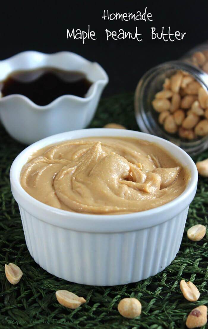 Homemade Maple Peanut Butter only takes minutes to make and it is ridiculously easy - from veganinthefreezer.com