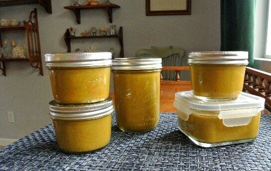 Split Pea Soup packed in freezer jars and glass freezer containers.