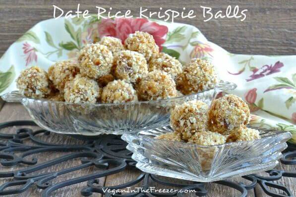 Date Rice Krispie Balls pilled in two small antique glass bowls.