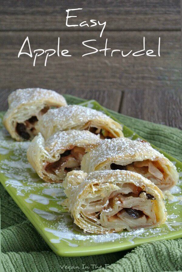 Beautiful thick slice of apple strudel with text above for Pinterest pinning.