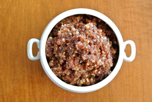 Overhead view of dates cooked with coconut sugar and waiting to be layered.