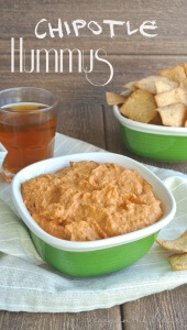 Chipotle Hummus has just enough pazazz to add a little kick to your dip. Extremely easy to make and it goes equally well with pita chips and/or veggies.