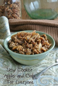 Slow Cooker Apples and Oats is apples with cinnamon and coconut sugar. Yes, and oats and pecans. Where everything is cooked together with accents of flavor.