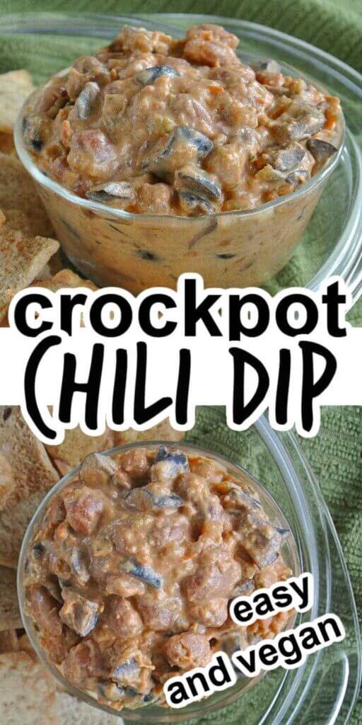 Two photos one above the other with a clear bowl full of chili dip with a green background. Text in the center for Pinterest.