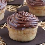 Chocolate Frosted Lemon Cupcakes with one sitting right in front with the swirly frosting being dotted with large raw sugar granules.