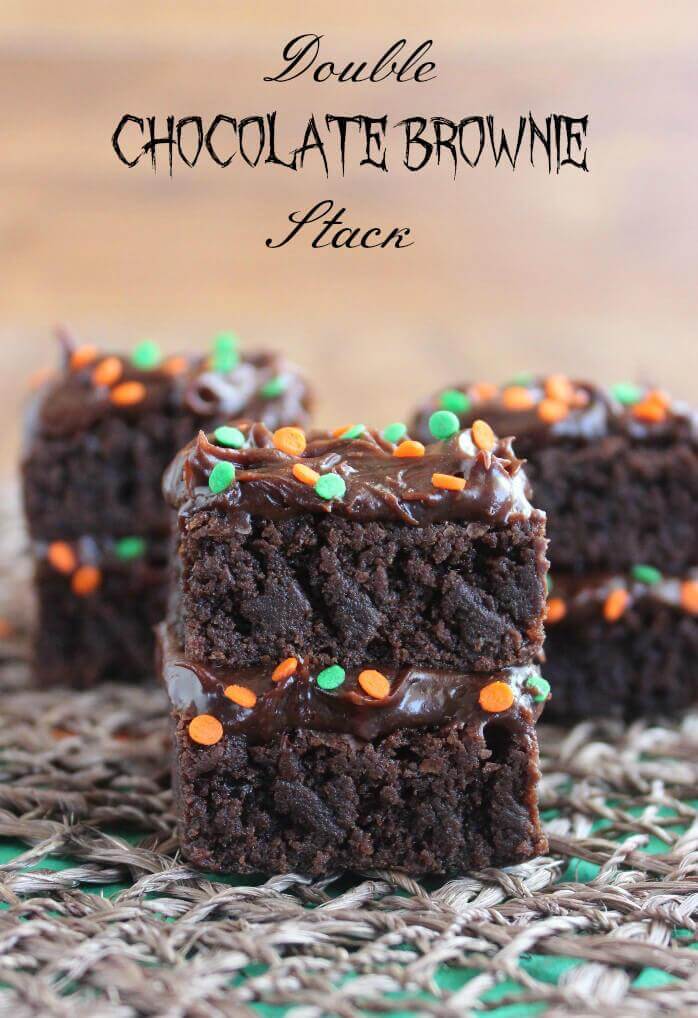 Three brownie stacks with sprinkles and text at the top.