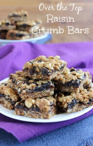 Over the Top Raisin Crumb Bars have 3 distinct layers with different textures and taste. A yummy oats base, a fruit filling, a perfect peanut crumb topping.