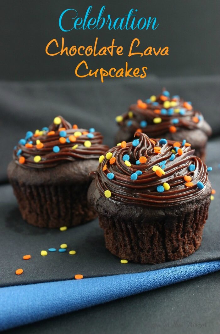 Christmas Chocolate Lava Cupcakes are dressed up for October. There is a creamy rich chocolate center that stays like that all the way to the last bite.