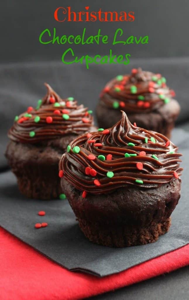 Christmas Chocolate Lava Cupcakes are dressed up for October. There is a creamy rich chocolate center that stays like that all the way to the last bite.