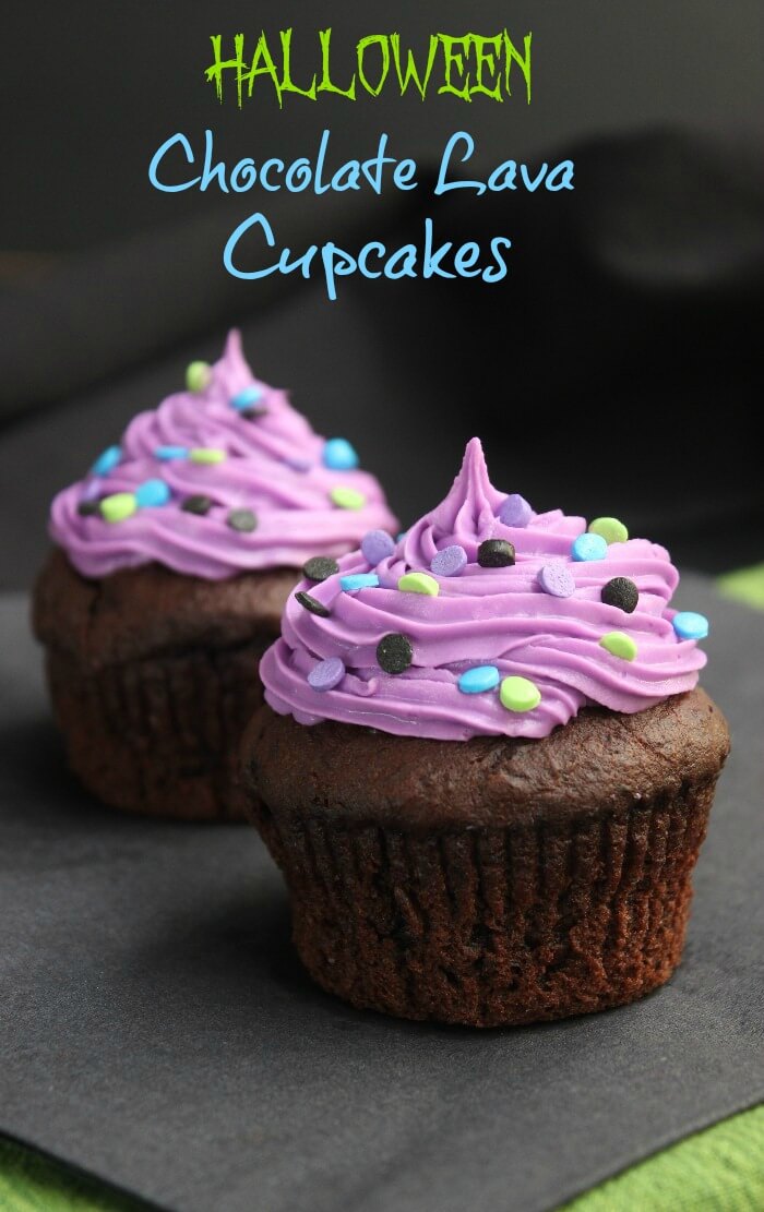 Halloween Chocolate Lava Cupcakes are dressed up for October. There is a creamy rich chocolate center that stays like that all the way to the last bite.