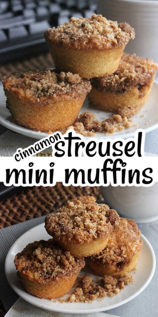 Two photos one over the other with three mini muffins on a small white plate with a cup of coffee on the side. Text in the center for pinning.