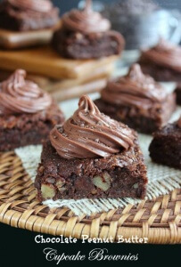Peanut Butter Chocolate Cupcake Brownies are the best of four worlds. Rich chocolate brownies with a creamy chocolate peanut butter frosting.