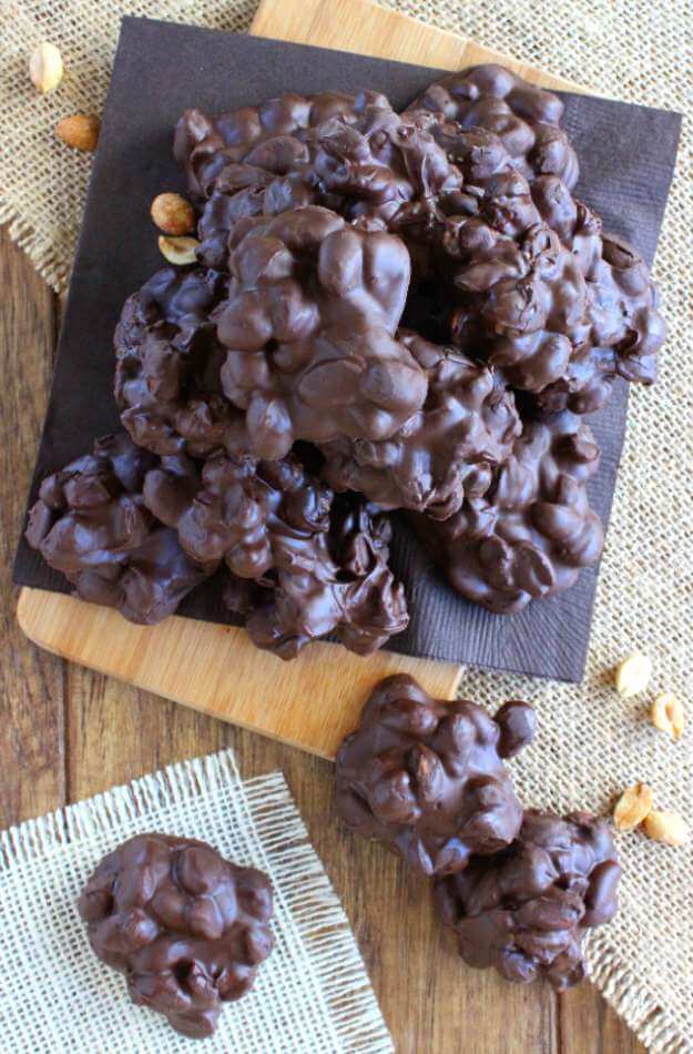 Overhead view of a pile of crock pot chocolate clusters.