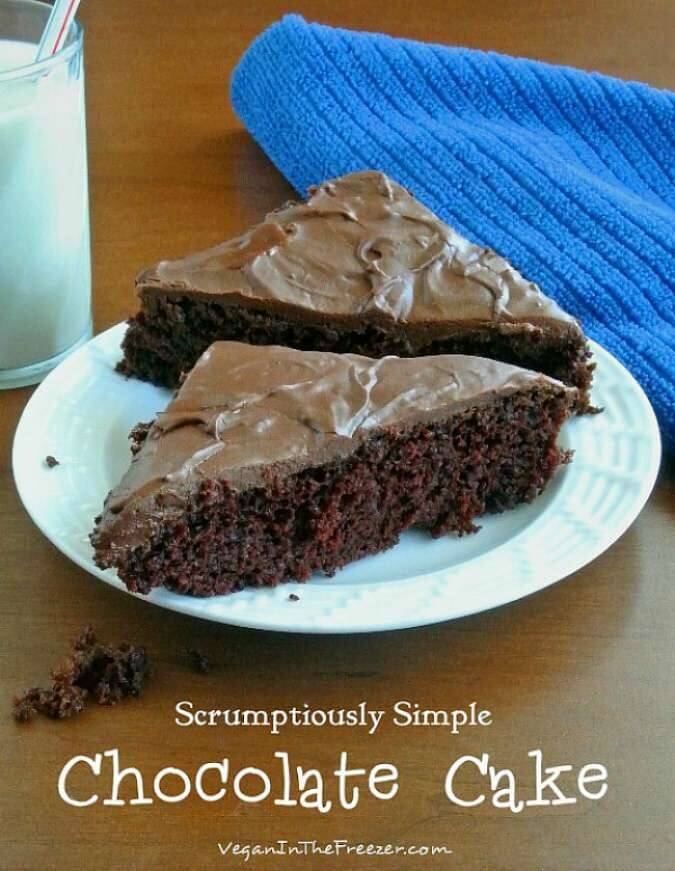 Small white plate holding two triangles of single layered chocolate cake.