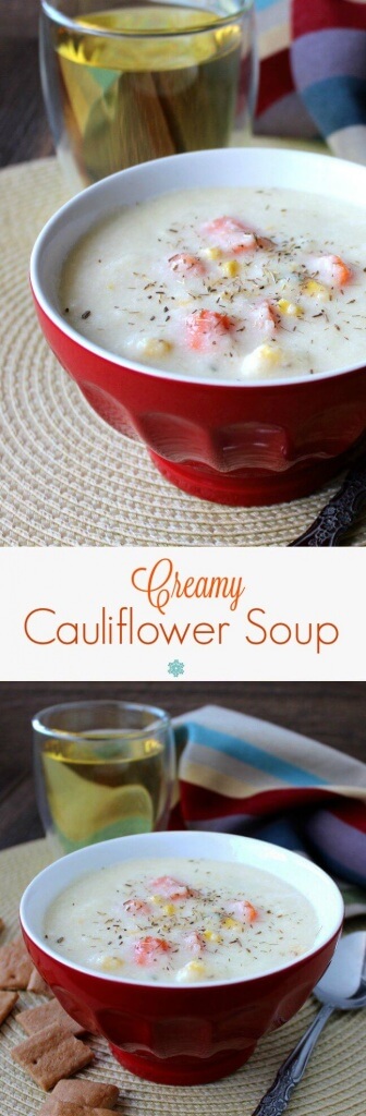 Dairy-Free Cauliflower Soup is so delicious. Warm and creamy with the sweetness of carrots and corn added for texture. Easy, beautiful and satisfying!