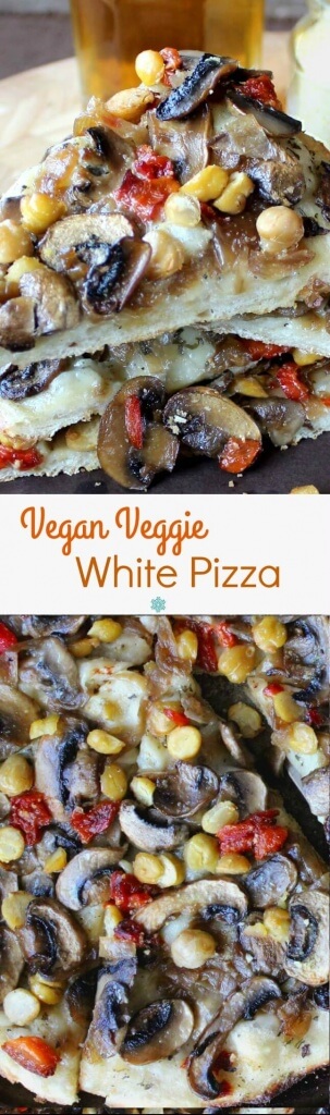 Vegan Veggie White Pizza is a great way to change up regular tomato pizzas. Stack veggies as thick as you like!