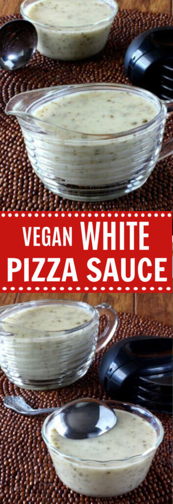 Two photos one above the other of a glass creamer filled with white pizza sauce and a scoop for spreading
