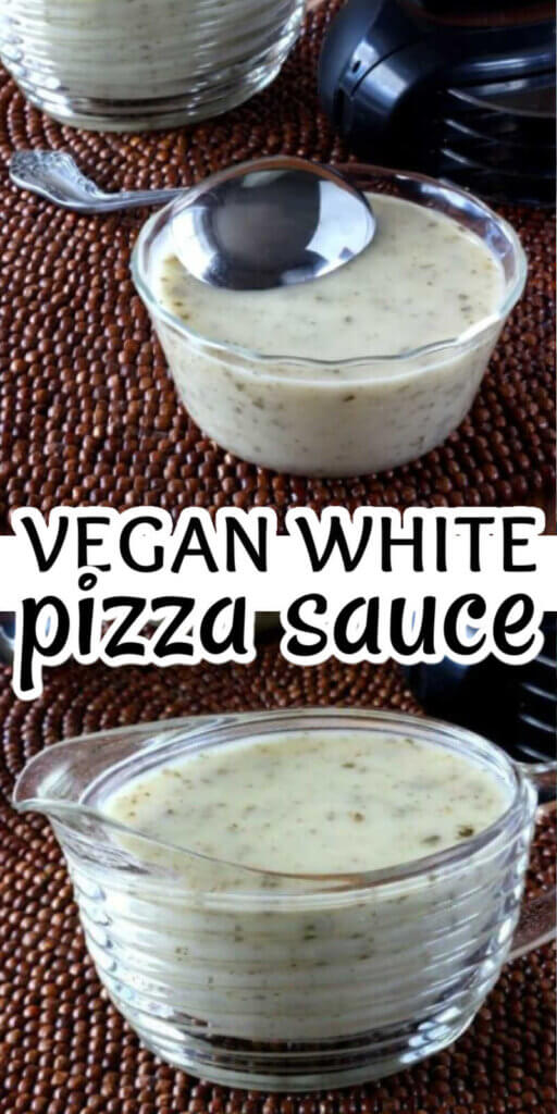 Two photos one above the other with white pizza sauce in a bowl with a scoop and in a creamer for pouring.