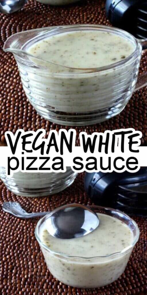 Two photos one above the other showing white pizza sauce in a ribbed glass creamer and a small pyrex glass bowl.