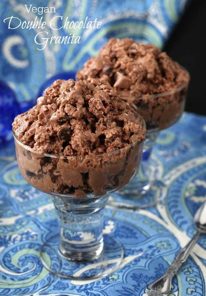 Vegan Double Chocolate Granita is a deep rich chocolate delicacy where no ice cream maker is required. As easy as mixing, freezing and filling up your bowl with smooth crystalline goodness.