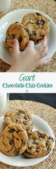 Giant Chocolate Chip Cookies are always a favorite and these giant cookies even top that list. Big and chewy and buttery and chocolaty. How fun is that!