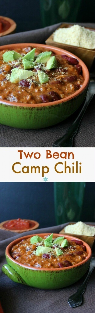 Two Bean Camp Chili is a fun main or side dish that can enhance any meal or party. It has deep rich flavors of a homemade tomato sauce that thickens as the big pot of chili cooks.