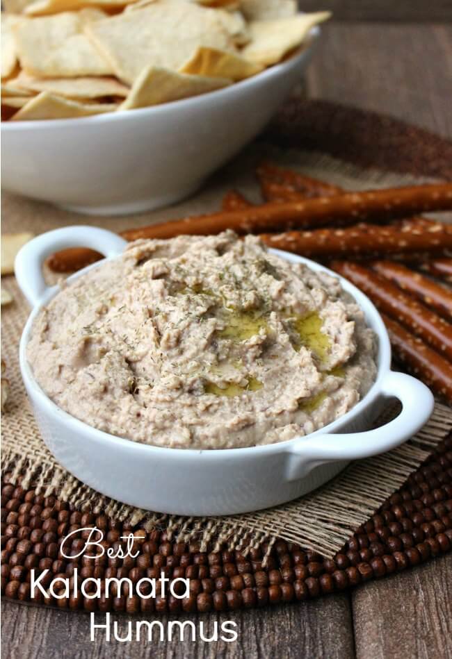 Best Kalamata Hummus is a boldly flavorful hummus with kalamata olives for an extra kick. Easy! Great on veggies, crackers, pita triangles.