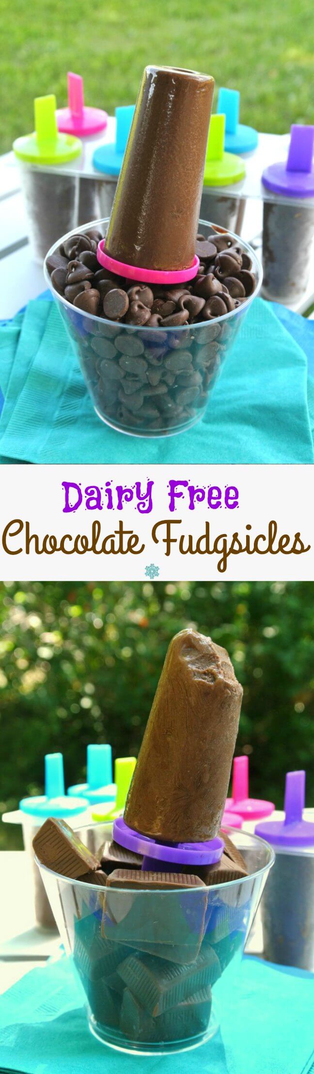 Two pictures one above the other with dairy-free fudgsicles siting in clear cups full of chocolate chips against a turquoise mat.