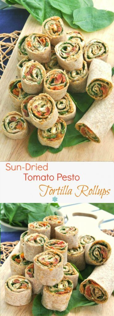Sun-Dried Tomato Pesto Tortilla Rollups has layers of flavor and texture that only takes 15 minutes to prepare. Great at any get-together!