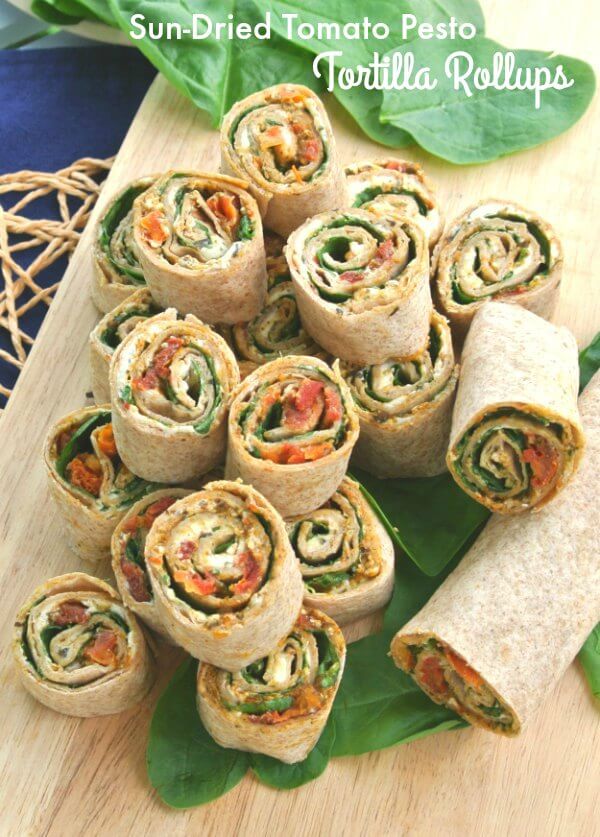 Sun-Dried Tomato Pesto Tortilla Rollups has layers of flavor and texture that only takes 15 minutes to prepare. Healthy appetizer that everyone loves.