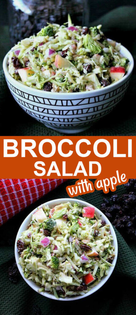 Two bowls full of shredded broccoli and cubed apples.