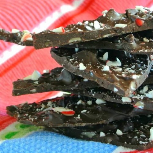 Chocolate Peppermint Bark is stacked 8 chinks high with angles in every direction.