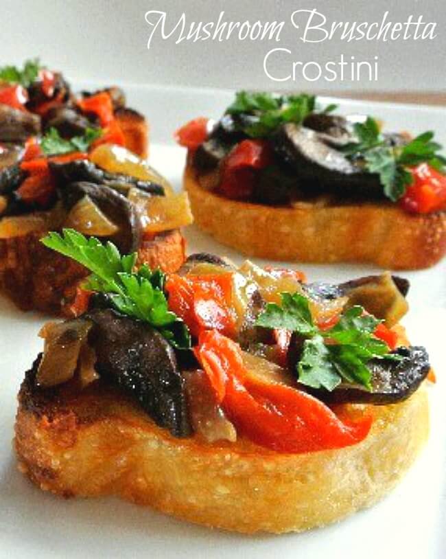 Mushroom Bruschetta Crostinis is a fantastic appetizer that has only 6 ingredients. It comes together quickly for perfect Mediterranean classic flavors.