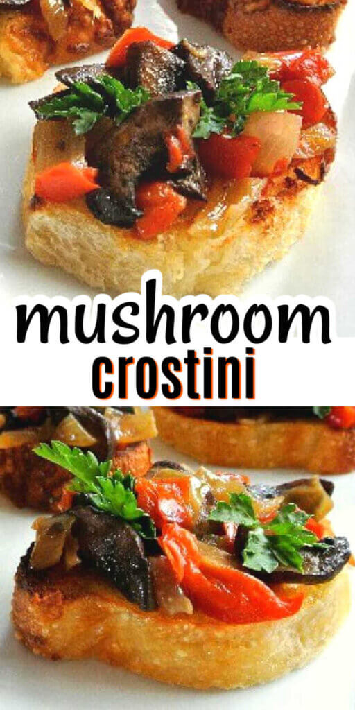 Two photos one above the other of a close p of mushroom and tomato bruschetta on little crostini toasts.
