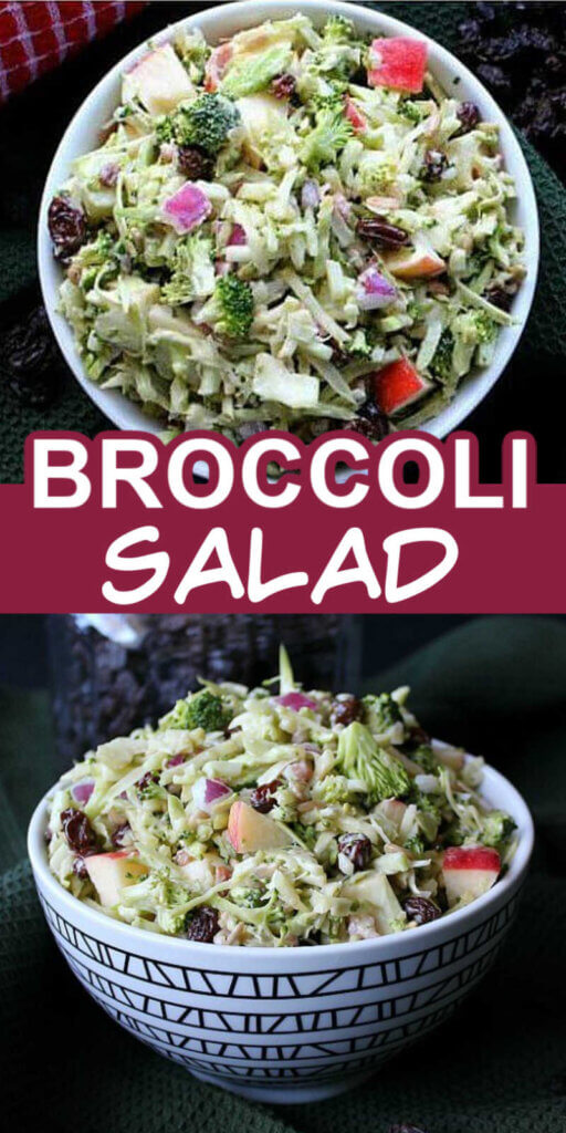 Two photos one above the other of fresh broccoli and apple salad in a black and white geometric bowl. Text in the center for Pinterest.