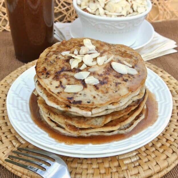 Vegan Buttermilk Pancakes with Almond Butter Maple Syrup photographed in a square image for social media optimization.