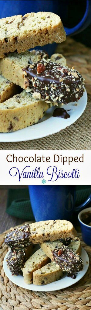 Chocolate Dipped Vanilla Biscotti in a double long photo display with the title in the center with two tone font. Good for Pinterest pinning.