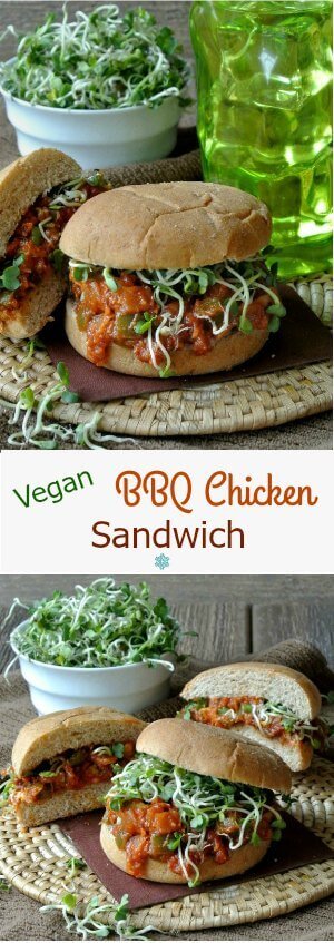 Vegan BBQ Chicken Sandwich is easily made from scratch. Two photos one above the other with overflowing buns.