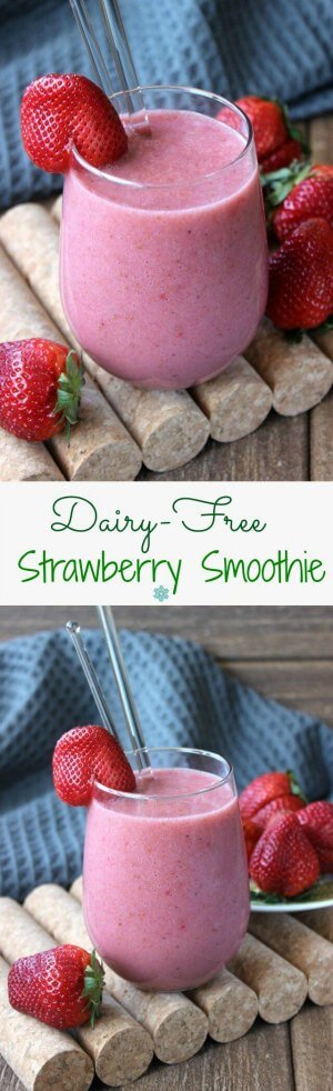 Dairy-Free Strawberry Smoothie com uma foto empilhada acima de outra mostrando diferentes ângulos da cor rosa brilhante com pequenas manchas de morango vermelho.