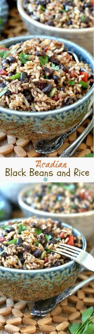 Acadian Black Beans and Rice are mixed together with beautiful beiges, blacks and reds then sprinkles with green parsley. Double photos on top of each other showing different angles of bowls full of black beans and brown rice.