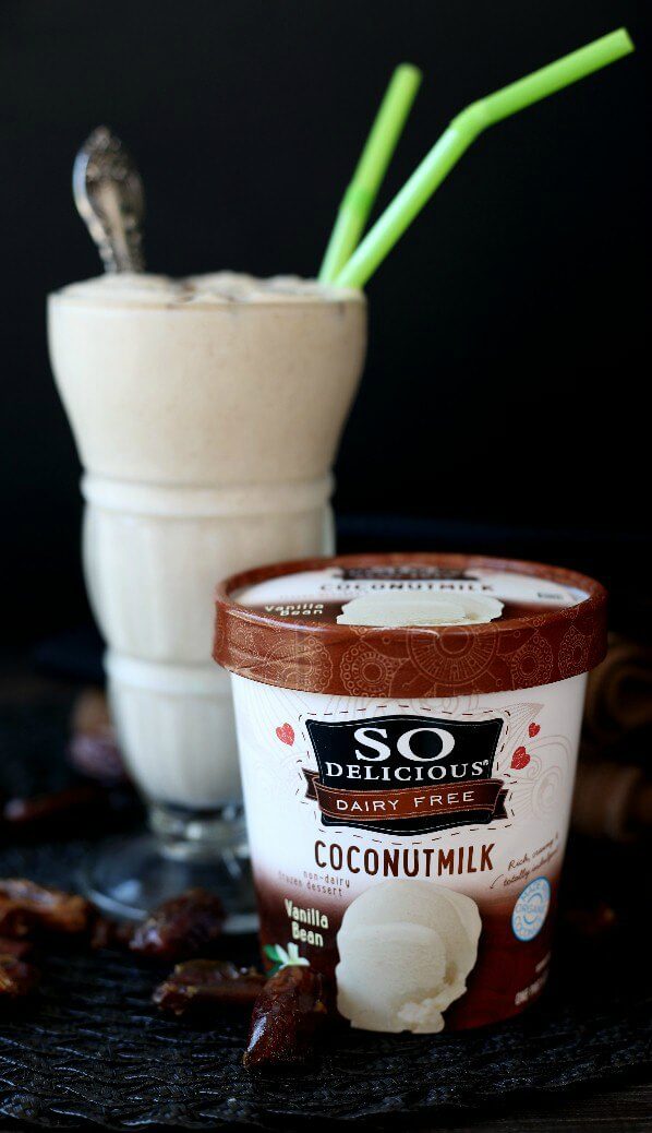 Dairy Free So Delicious Date Shake is in the background with a pint size container of So Delicious vanilla ice cream sitting in front.