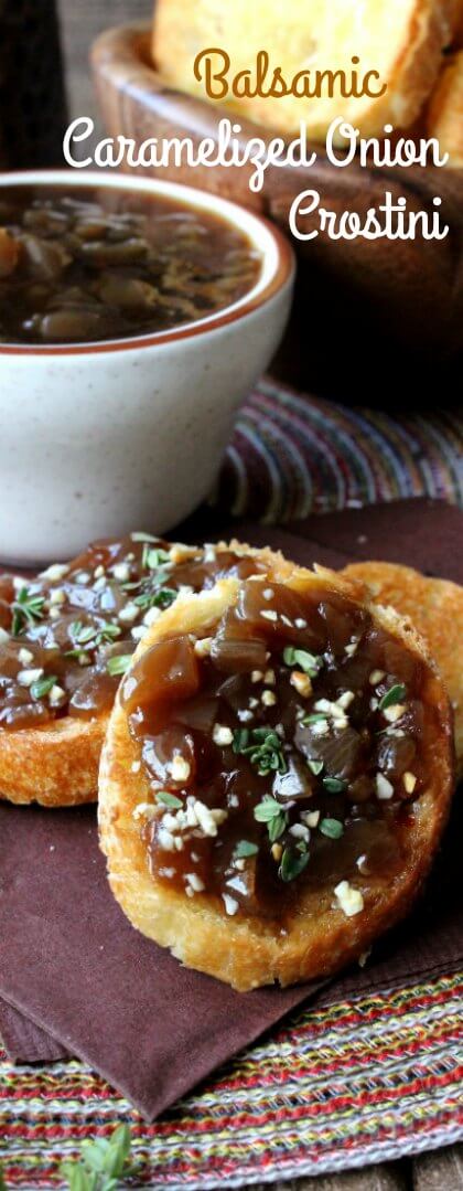 Balsamic Caramelized Onion Crostini is a slightly spicy and highly flavorful appetizer. The topping is deep and rich in color and is also great on bean burgers!
