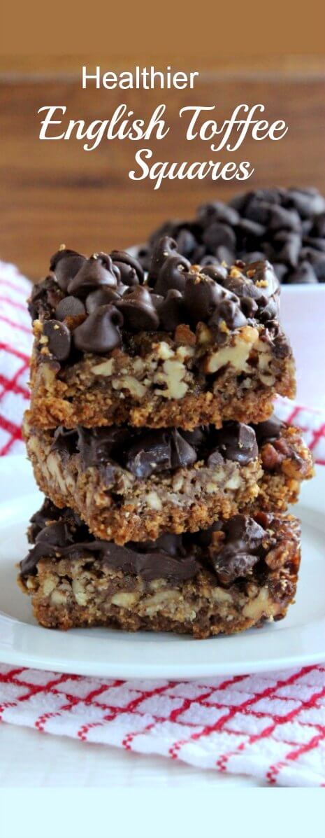 Healthier English Toffee Squares are stacked three high and show the crunchy bottom graham cracker and oats layer and the next walnuts and chocolate layer and topped with more chocolate.
