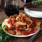 Vegan Sausage Rigatoni is a great family meal. It's different from the usual spaghetti sauce but basic enough that the kids will love it too. Seitan included!