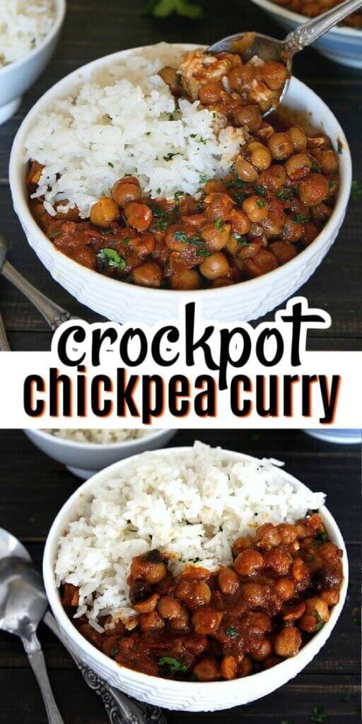 Two photos one above the other with curry and rice in a white bowl with text in the center for pinning.