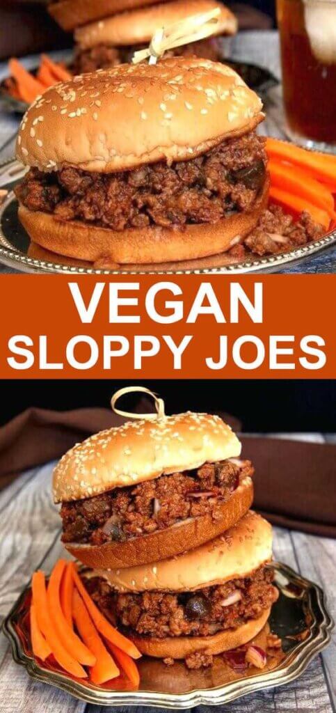 Two sloppy Joe sandwiches stacked on top of each other on a silver platter.