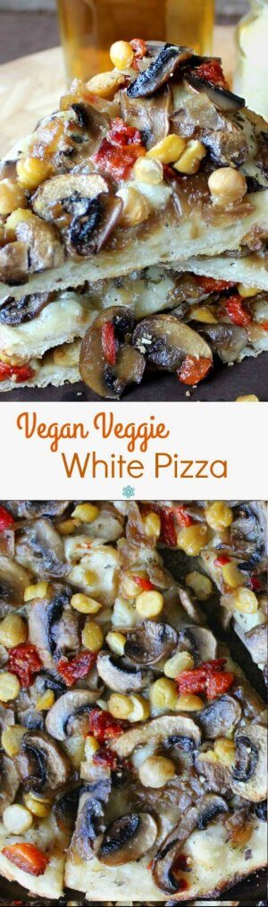 Vegan Veggie White Pizza is in two photos above each other. One is a straight on photo os stacked slices and the other shows all the veggies from above.