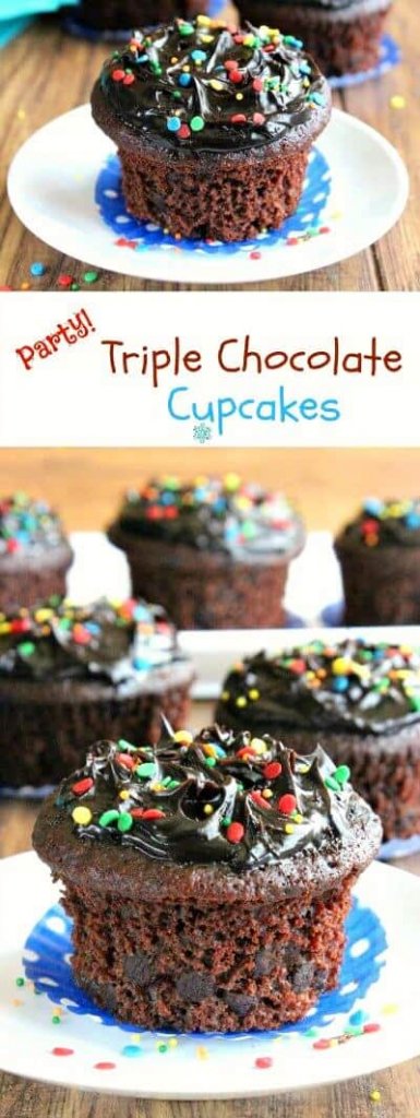 Easy Chocolate Cupcakes with one front and center. One photo is above the other and are colorful and chocolate all tat the same time. Chocolate chips peeking out of the sides of the cupcake and it's sitting on a blue and white paper polka dot muffin cup.