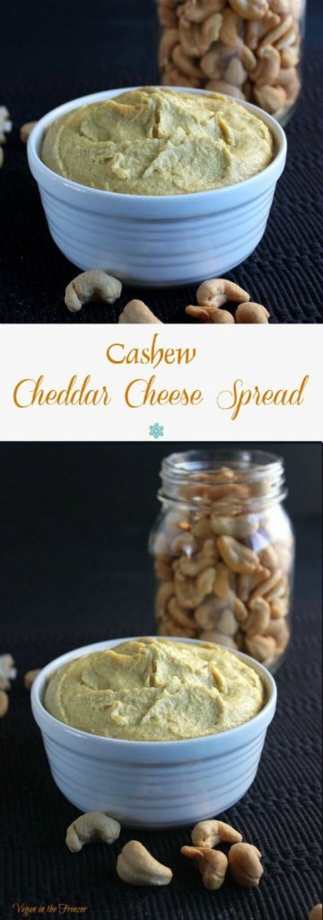 Cashew Cheddar Cheese Spread is shown in two photos. One above the other and they have rich golden creamy sread piled high in a white pottery bowl with cashews scattered on the black mat it's sitting on.