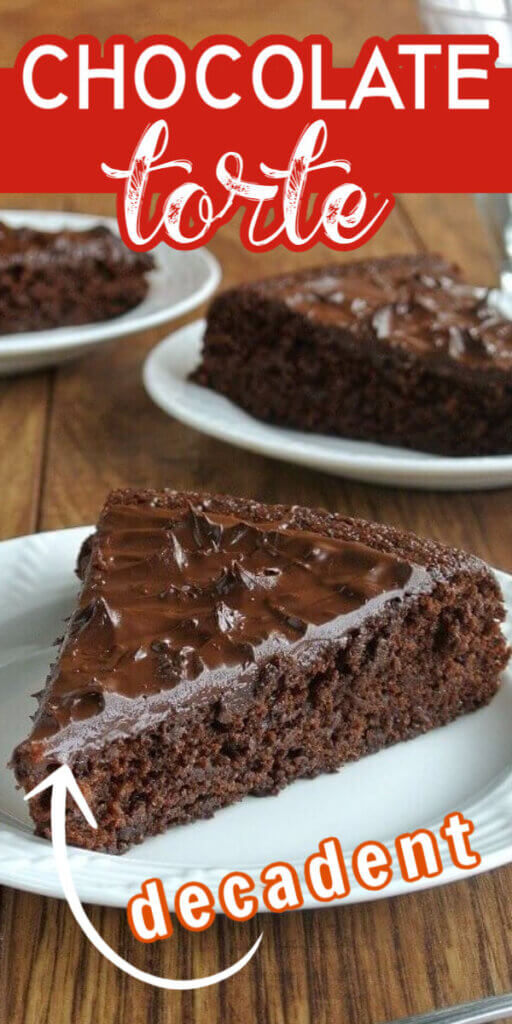 Single slice of chocolate cake with chocolate frosting on a white plate with more slices on plates behind. Red text is above for Pinterest.
